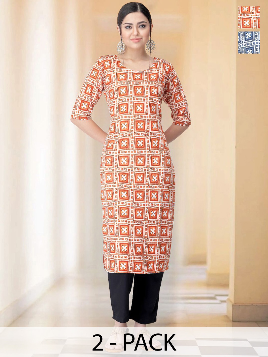 

7Threads Selection Of 2 Geometric Printed Round Neck Straight Kurtas With Trousers, Orange