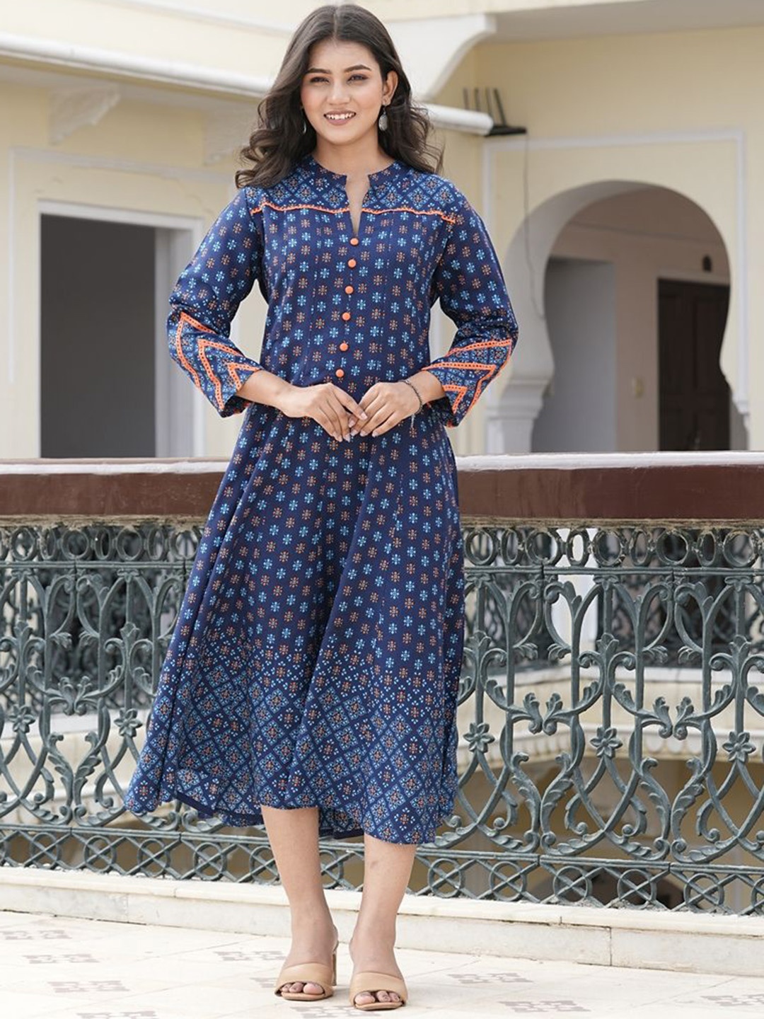 

YASH GALLERY Geometric Printed Mandarin Collar Fit & Flare Ethnic Dress, Blue