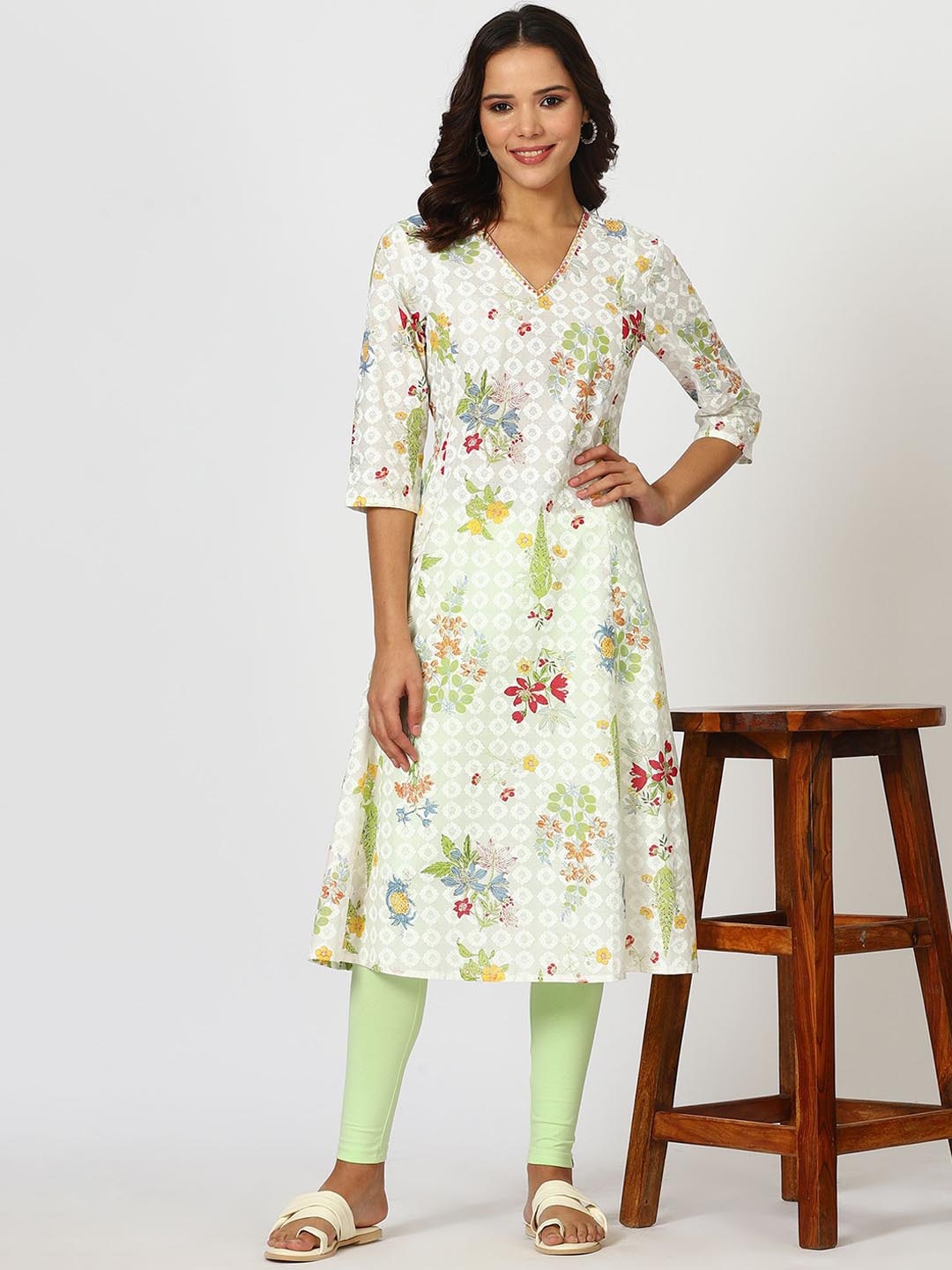 

W Floral Printed V-Neck Panelled Pure Cotton A-Line Kurta, White