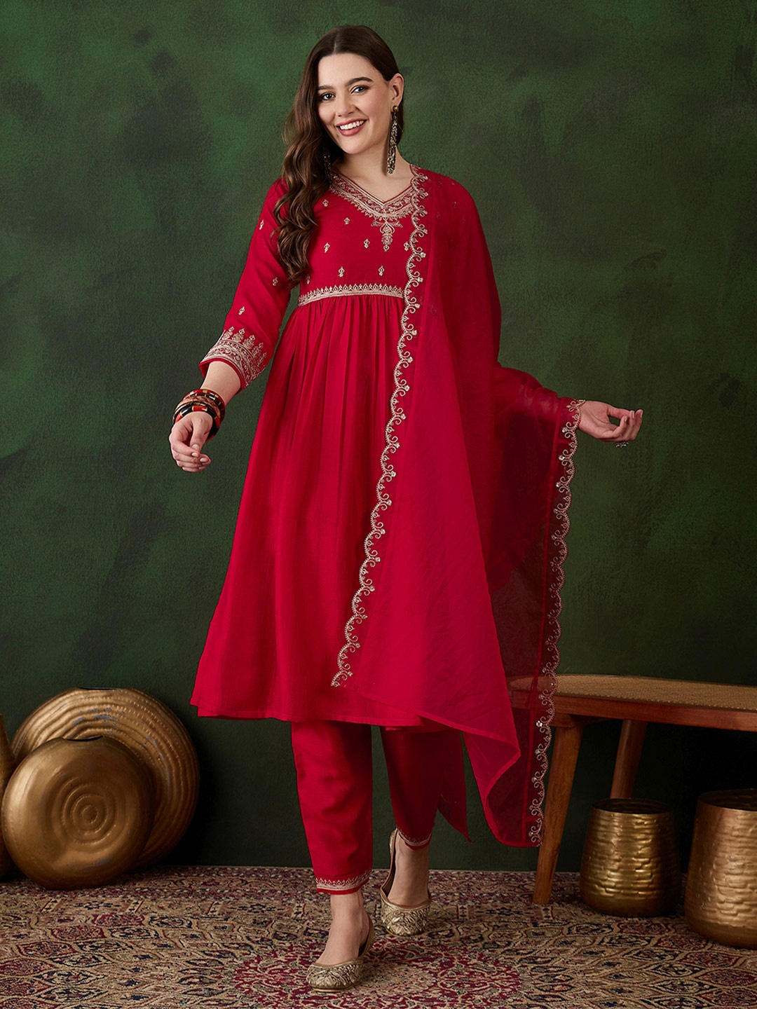 

Sangria Floral Embroidered Pure Cotton Straight Kurta With Trouser & Dupatta, Red