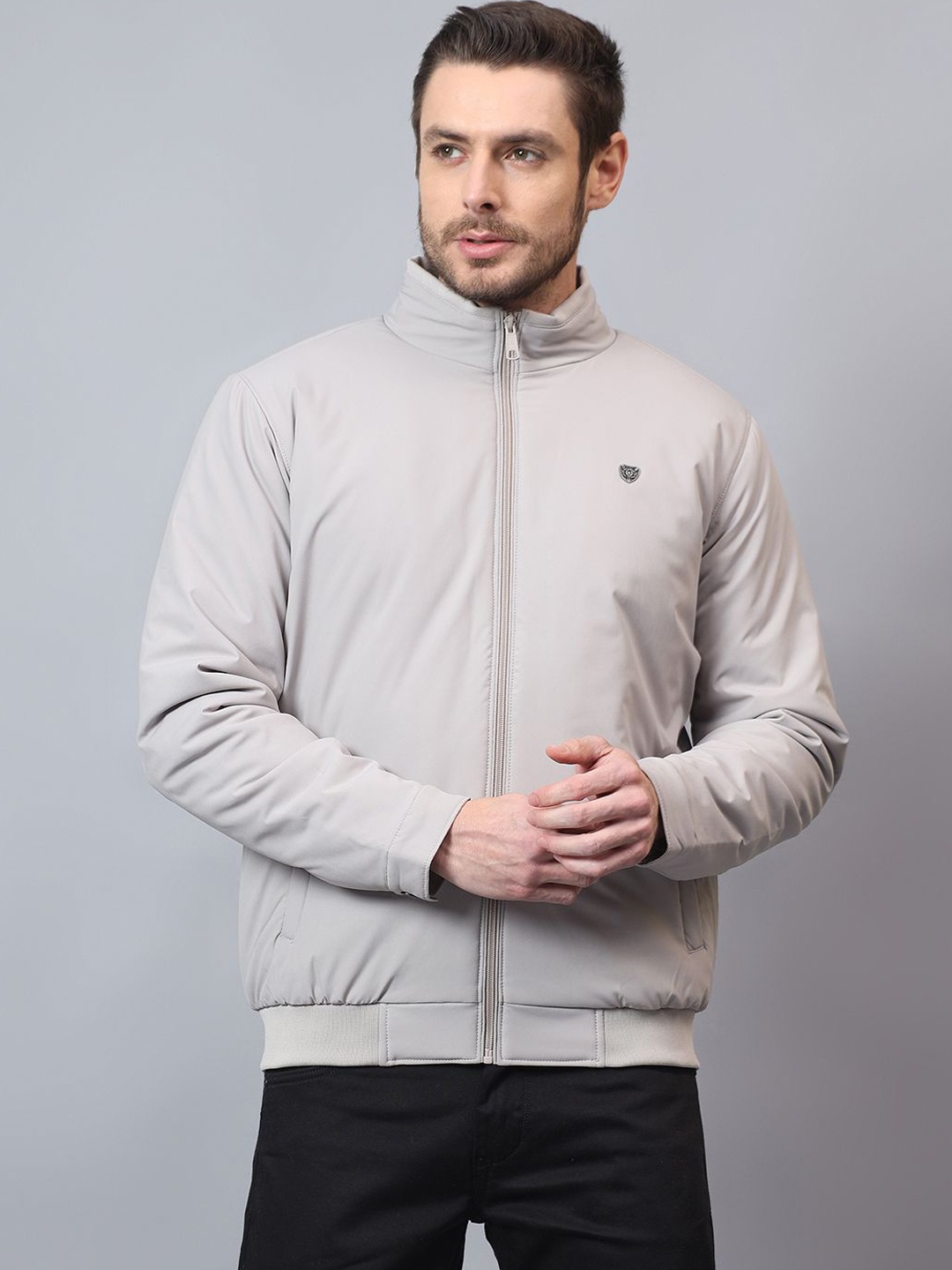 

Cantabil Men Mock Collar Solid Casual Bomber Jacket, Grey