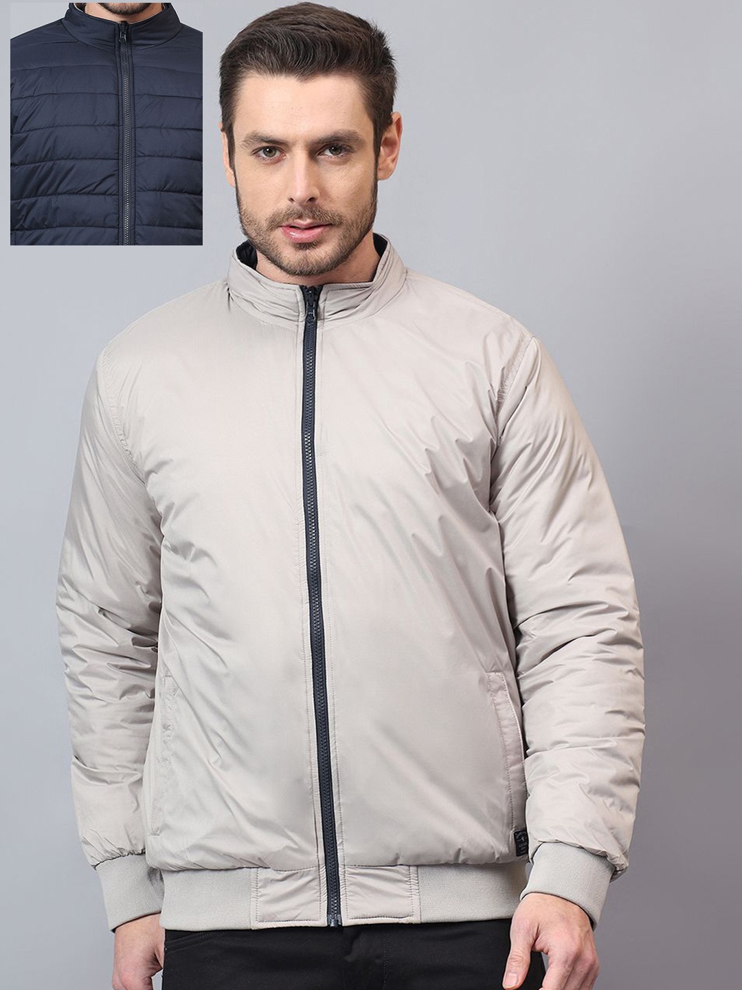 

Cantabil Men Mock Collar Solid Casual Reversible Padded Jacket, Beige