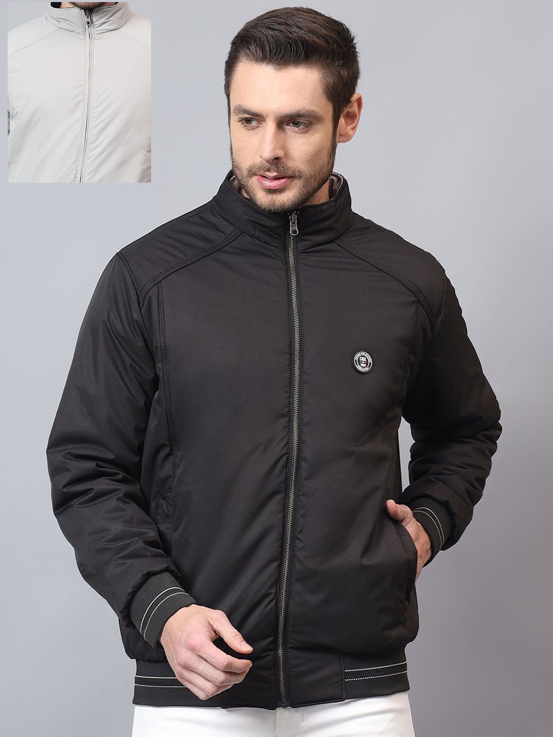 

Cantabil Men Mock Collar Solid Casual Reversible Bomber Jacket, Grey