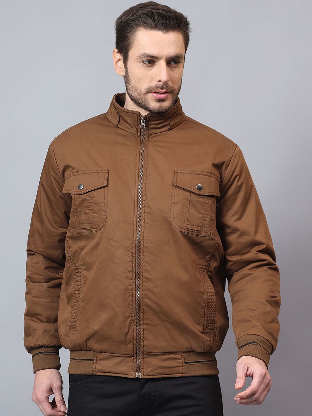 

Cantabil Men Mock Collar Solid Cotton Casual Bomber Jacket, Brown