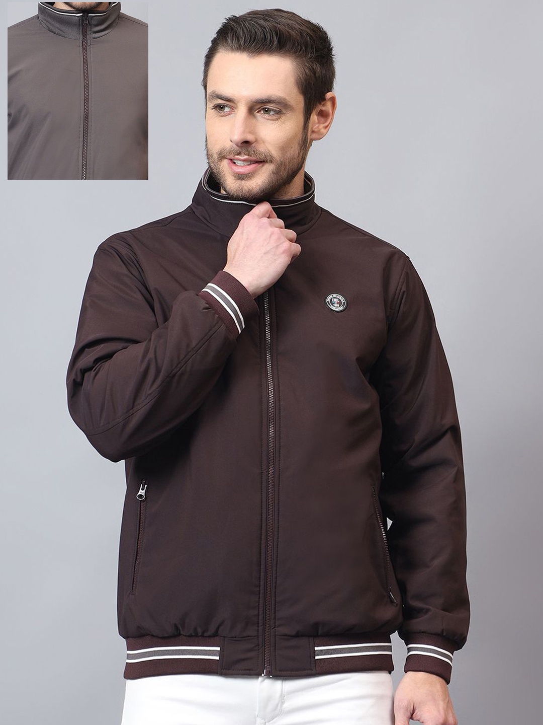 

Cantabil Men Mock Collar Solid Casual Reversible Bomber Jacket, Olive