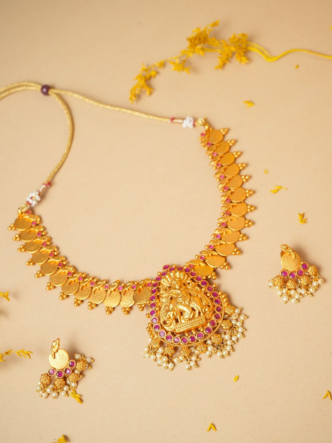 

VIRAASI Gold Plated Stone Studded & Beaded Temple Necklace With Earrings
