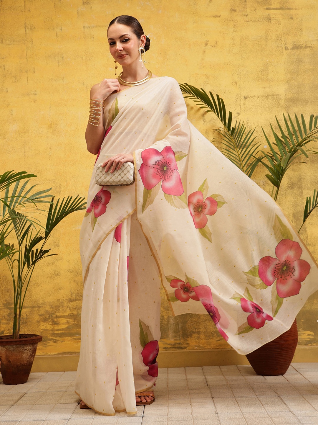 

Silk Land Floral Printed Chanderi Ready to Wear Saree, Beige