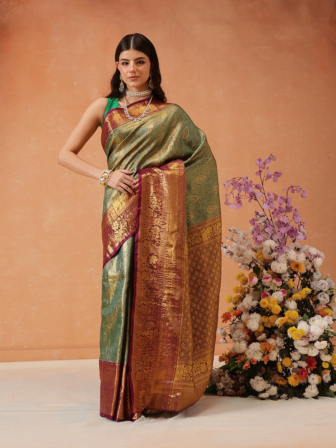 

Silk Land Banarasi Pure Silk Heavy Zari Work Wedding Wear Saree, Olive