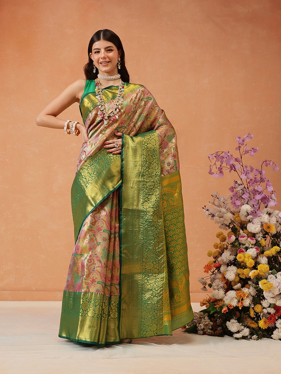 

Silk Land Banarasi Pure Silk Heavy Zari Work Wedding Wear Saree, Green