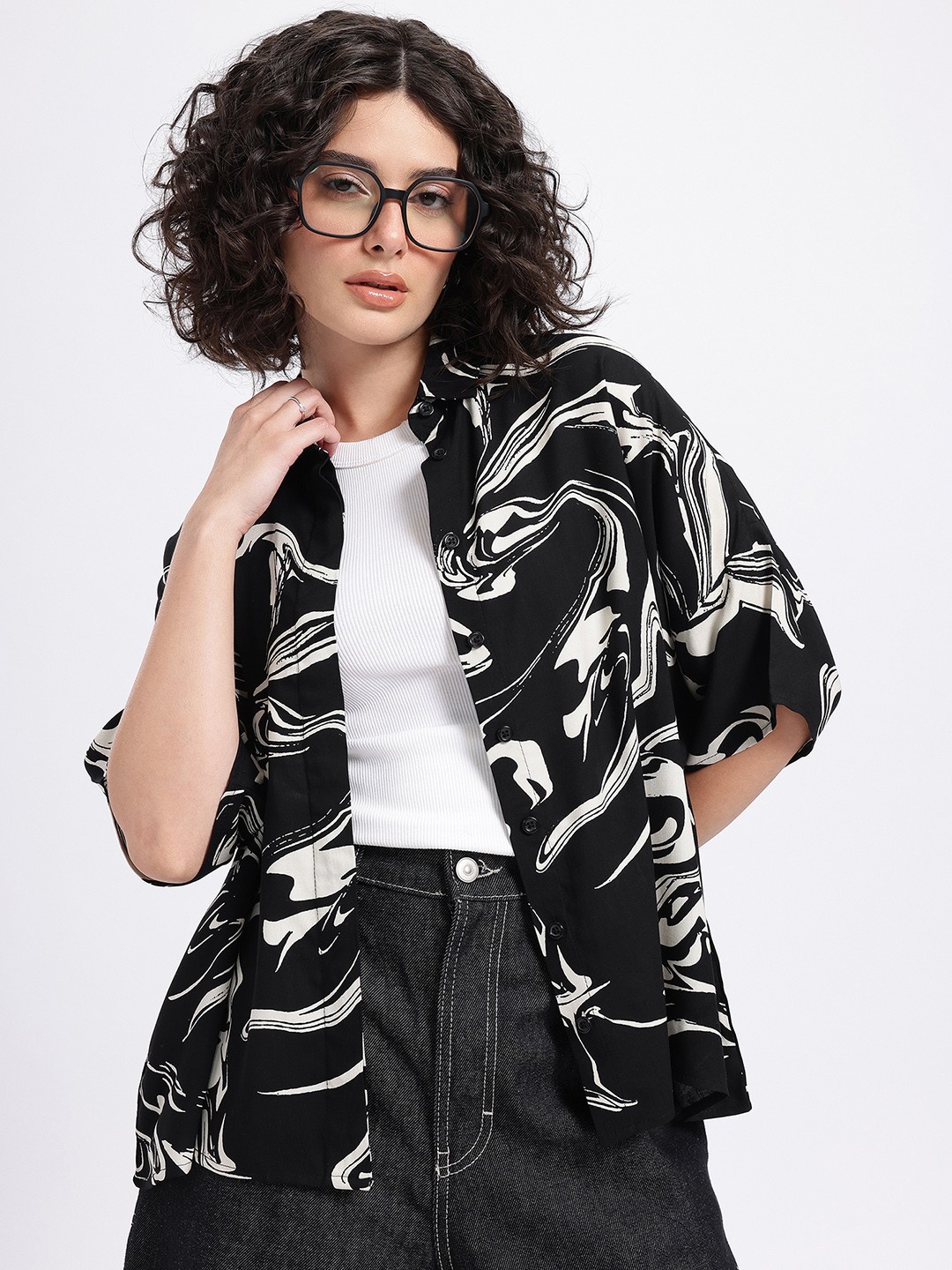 

glitchez Monochrome Mood Marble Print Relaxed Shirt, Black