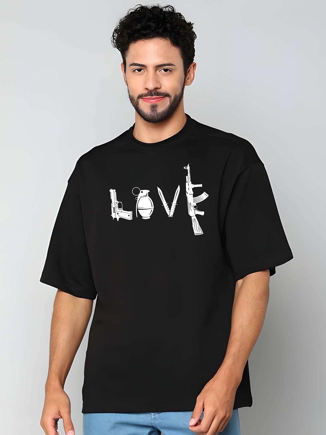 

KAIDO Men Typography Printed Round Neck Cotton Oversized T-shirt, Black