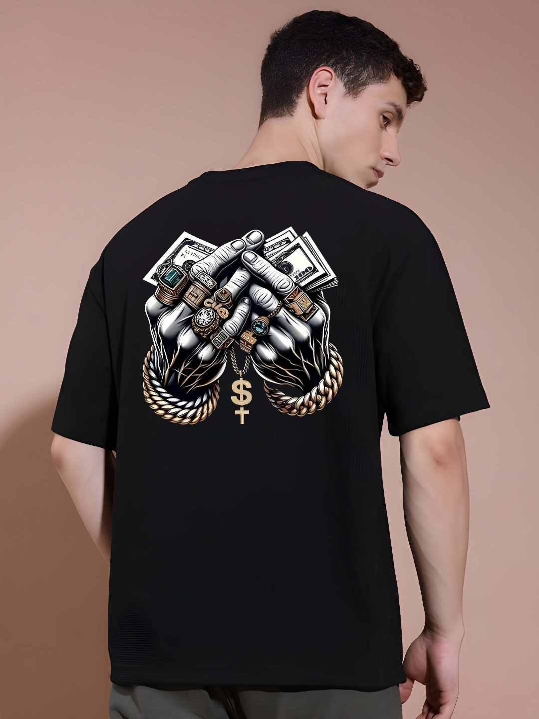 

KAIDO Men Graphic Printed Round Neck Cotton Oversized T-shirt, Black