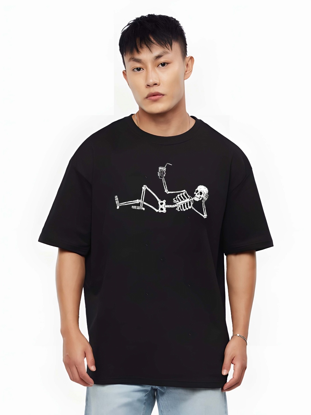 

KAIDO Men Graphic Printed Round Neck Cotton Oversized T-shirt, Black