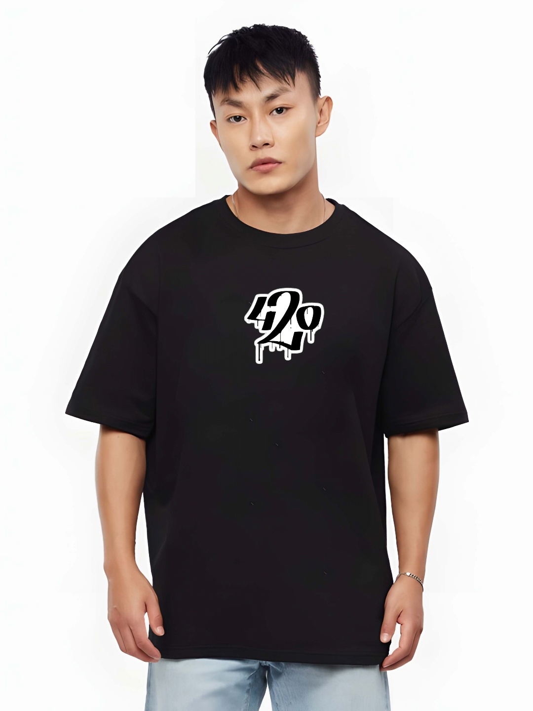 

KAIDO Men Graphic Printed Round Neck Cotton Oversized T-shirt, Black