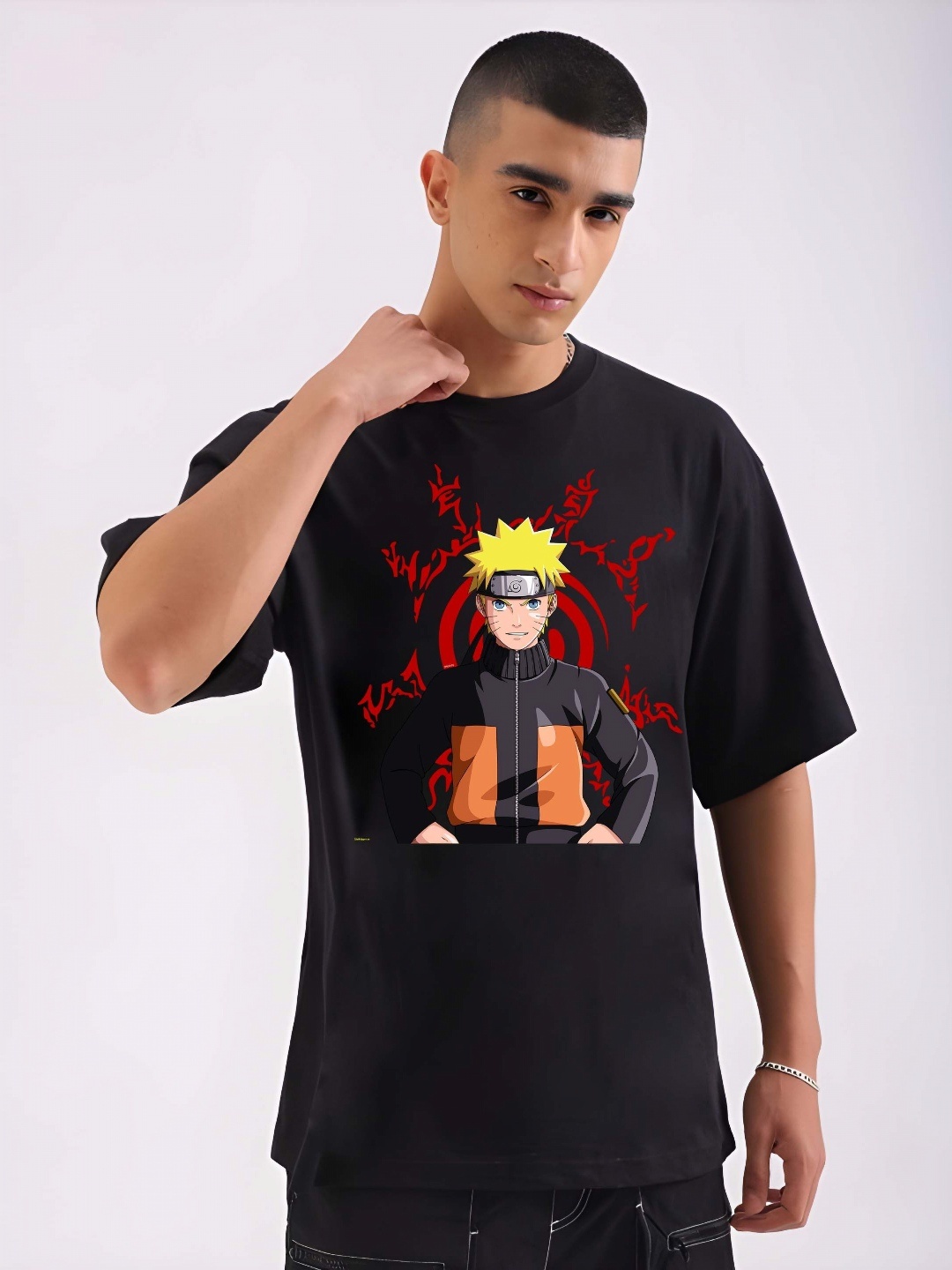 

KAIDO Naruto Anime Printed Round Neck Cotton Oversized T-shirt, Black