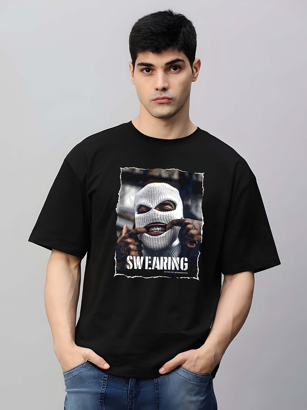 

KAIDO Men Graphic Printed Round Neck Cotton Oversized T-shirt, Black