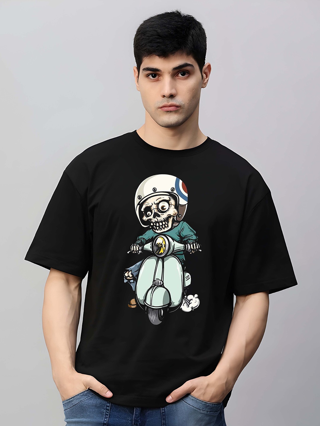 

KAIDO Men Graphic Printed Round Neck Cotton Oversized T-shirt, Black