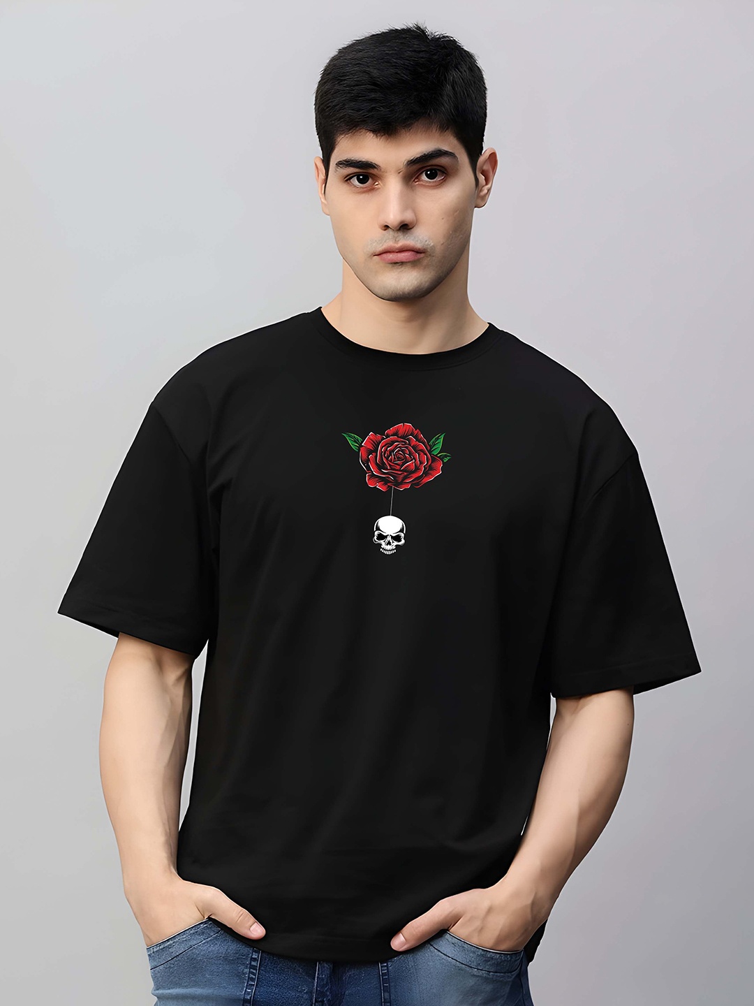

KAIDO Men Graphic Printed Round Neck Cotton Oversized T-shirt, Black