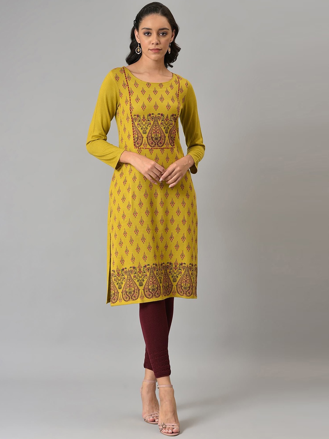 

W Floral Printed Round Neck Acrylic Straight Kurta, Green