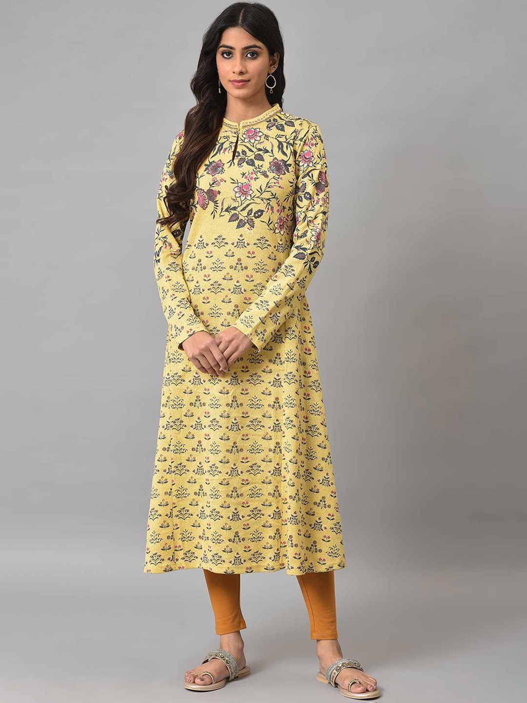 

W Floral Printed Mandarin Collar Acrylic A-Line Kurta, Yellow