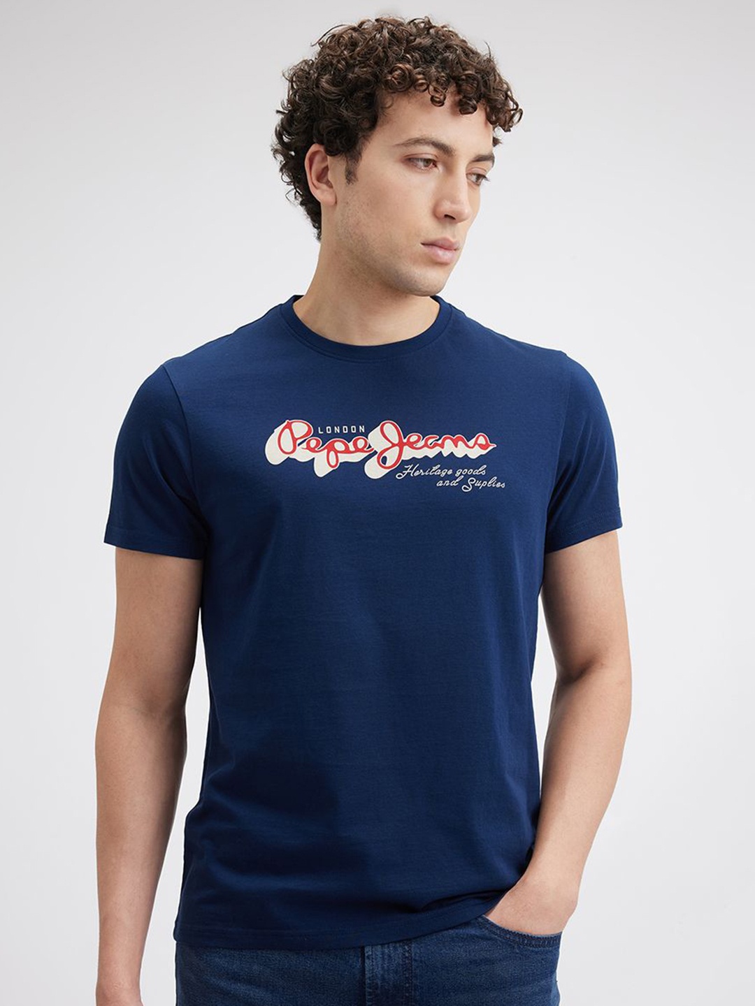 

Pepe Jeans Men Typography Printed Round Neck Cotton Slim Fit T-shirt, Blue