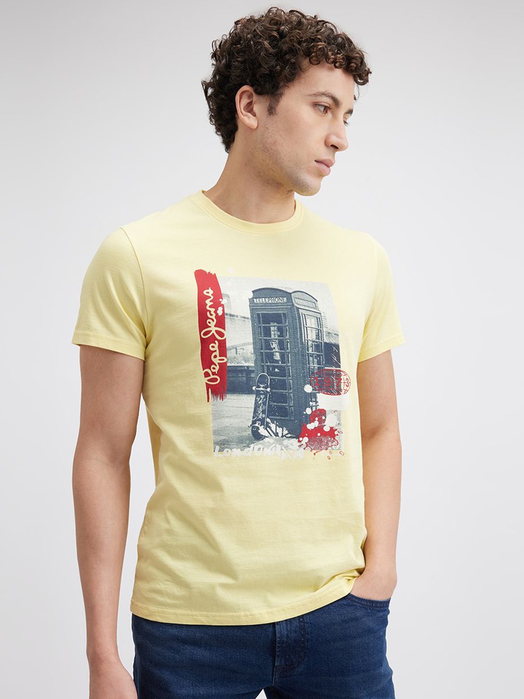 

Pepe Jeans Men Graphic Printed Round Neck Cotton Slim Fit T-shirt, Yellow