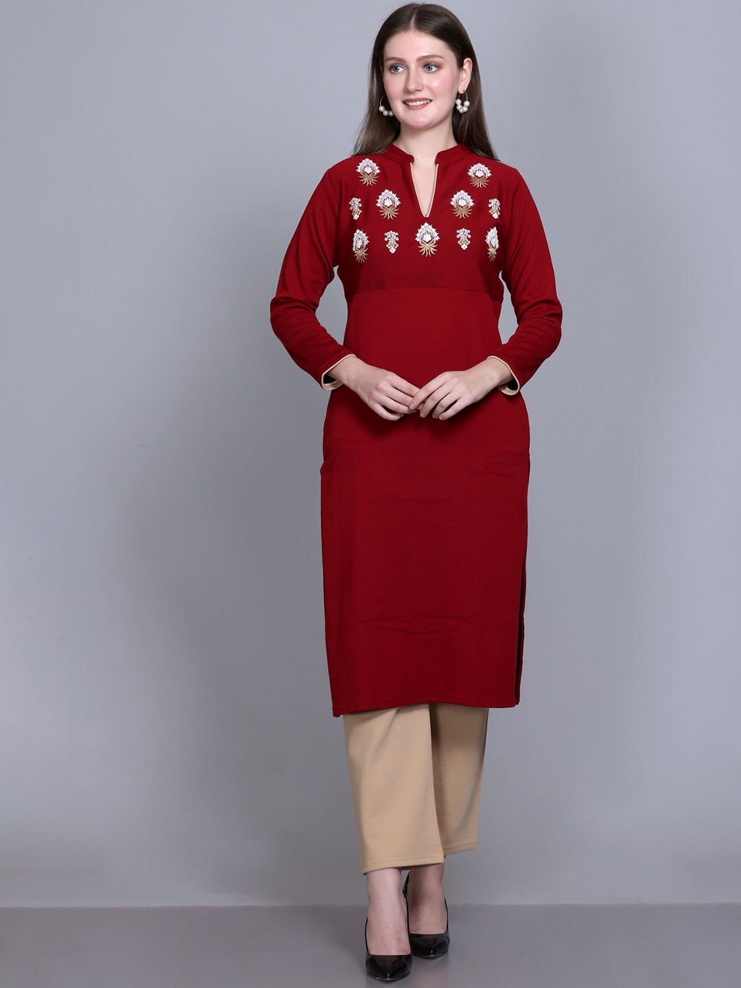 

ROSARY Ethnic Motifs Embroidered Mandarin Collar Woollen Kurta With Palazzos And Dupatta, Red