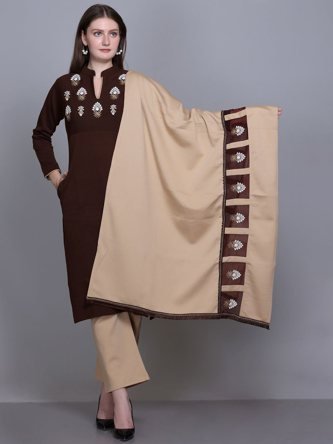 

ROSARY Winter Women Ethnic Motifs Regular Kurta with Palazzos & With Dupatta, Coffee brown