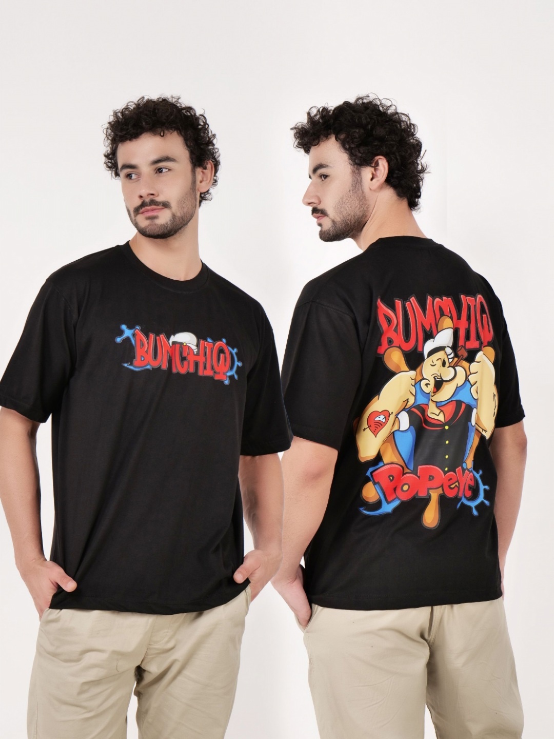 

BUMCHIQ Men Popeye Graphic Printed Round Neck Cotton T-shirt, Black