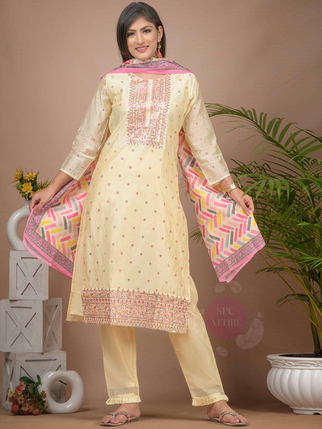 

SPCATTIRE Floral Embroidered Chanderi Silk Straight Kurta With Trousers & Dupatta, Gold