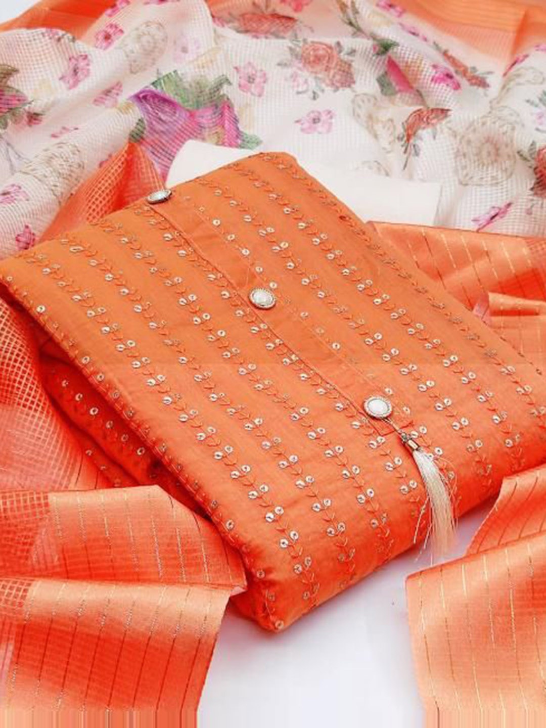 

KALINI Embroidered Sequinned Pure Cotton Unstitched Dress Material, Orange