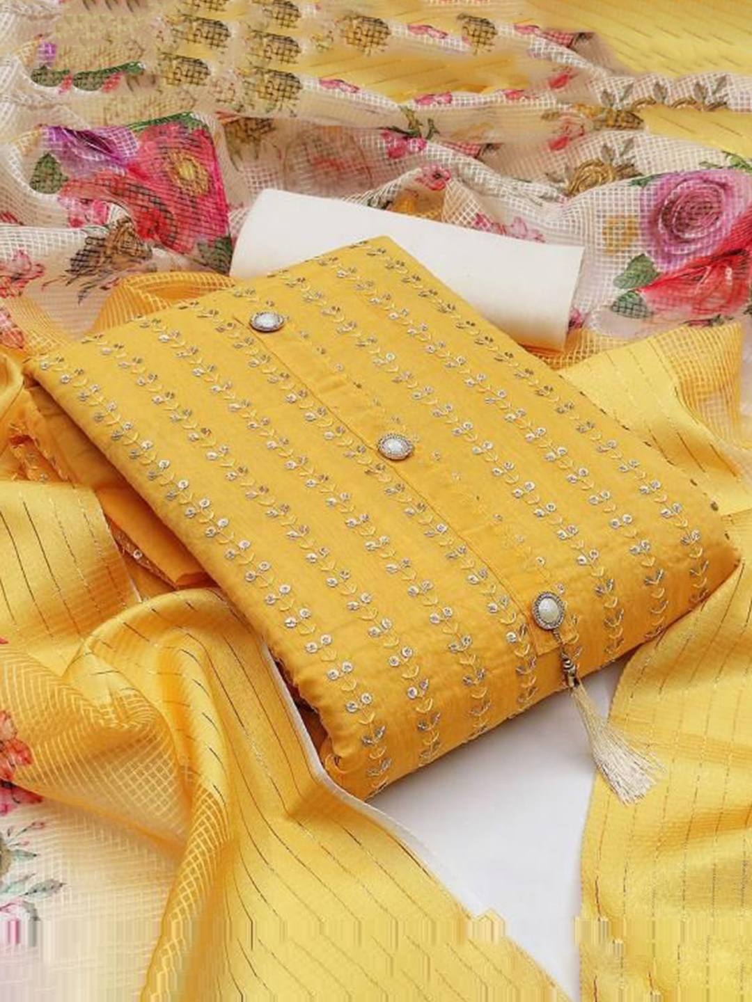 

KALINI Embroidered Sequinned Pure Cotton Unstitched Dress Material, Yellow