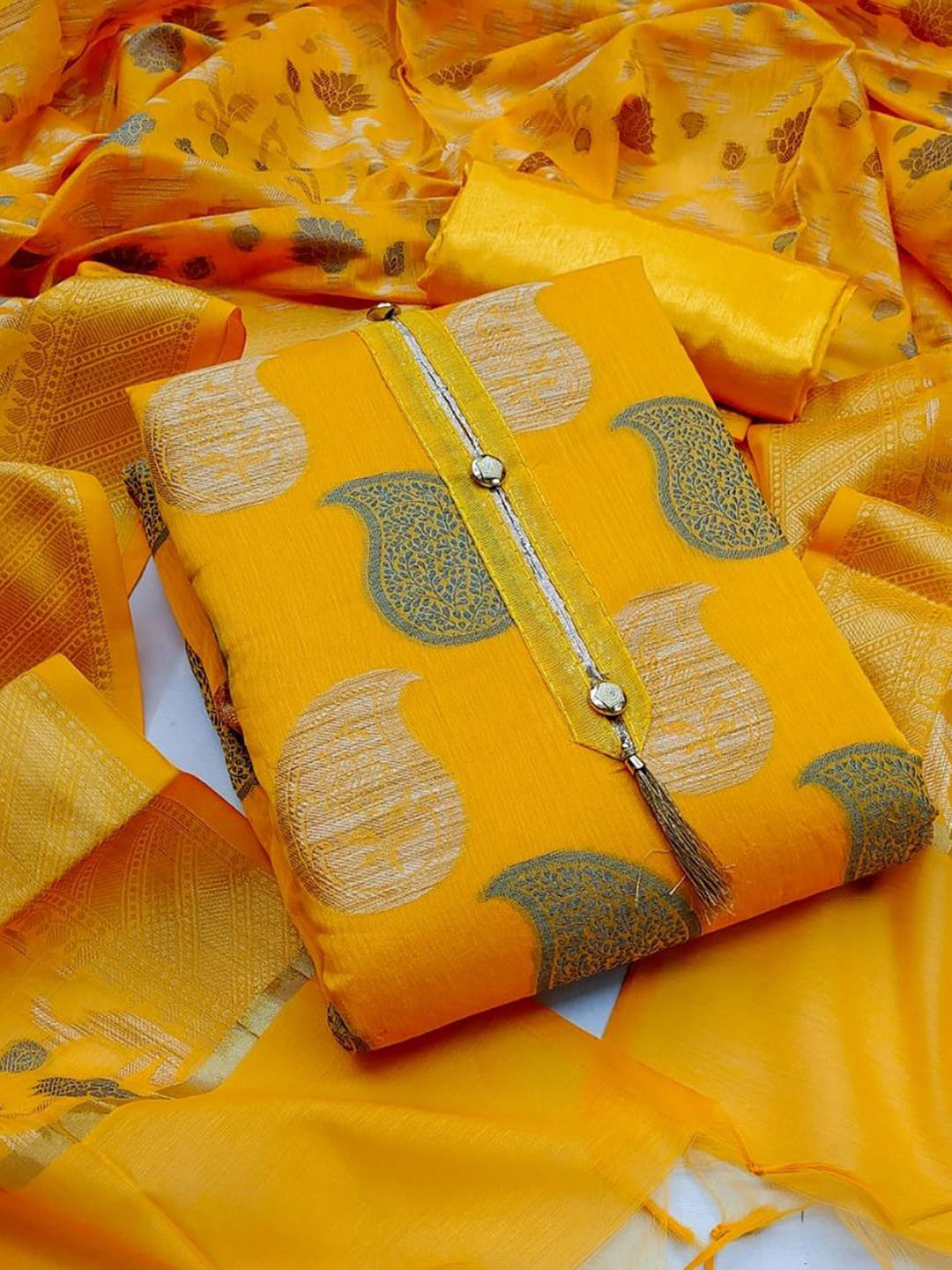 

A TO Z CART Paisley Printed Pure Silk Unstitched Dress Material, Yellow