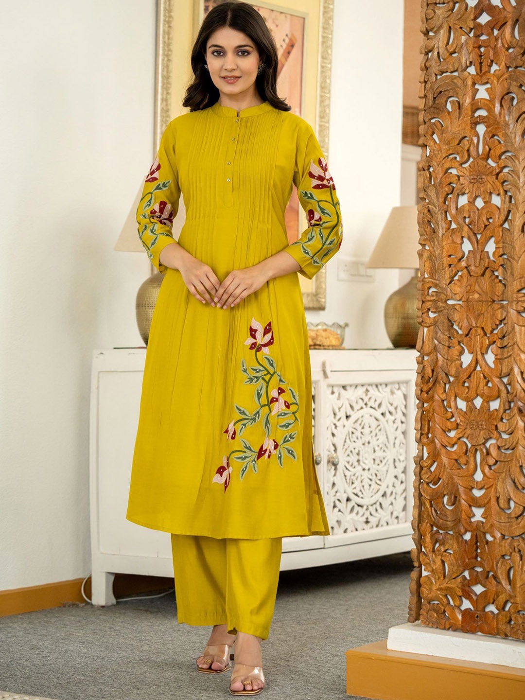 

FREYAA Floral Embroidered Pleated Tunic & Trousers Co-Ord Set, Yellow