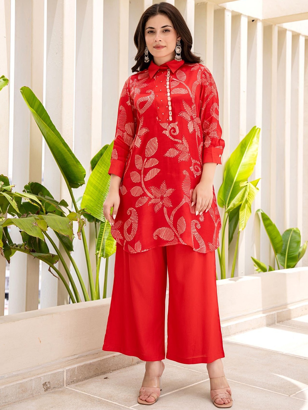 

FREYAA Floral Embroidered Tunic With Trousers, Red