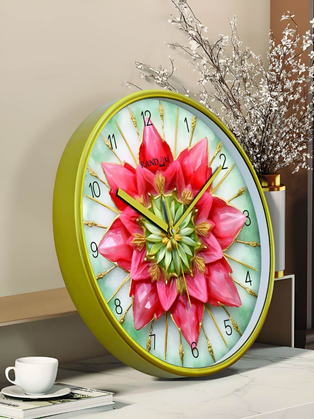

RANDOM Green & Pink Floral Printed 12" Sweep Silent Non-Ticking Contemporary Wall Clock