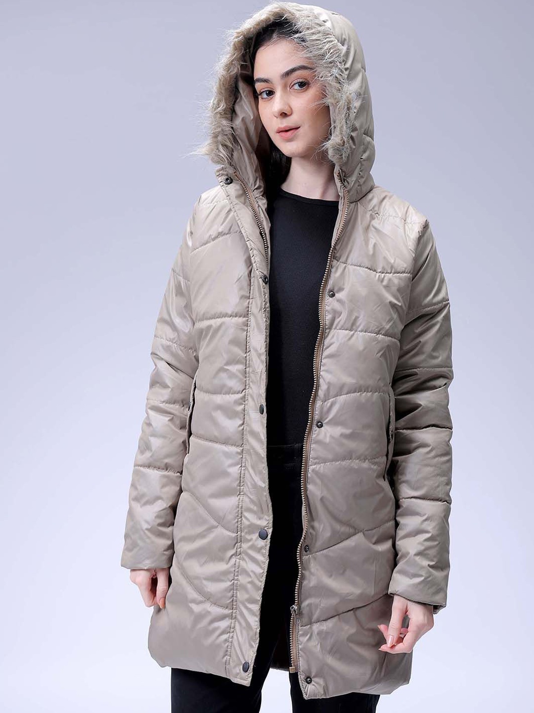 

Freehand by The Indian Garage Co Women Hooded Solid Casual Parka Jacket, Beige