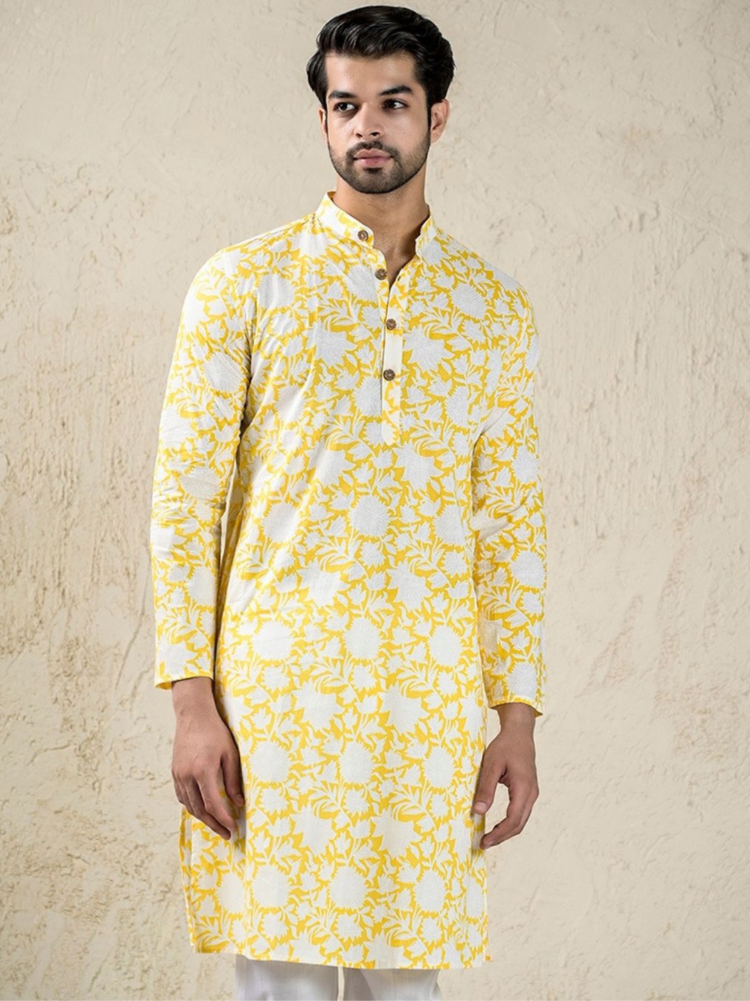

Hues Fab Floral Printed Band Collar Pure Cotton Kurta with Pyjamas, Yellow