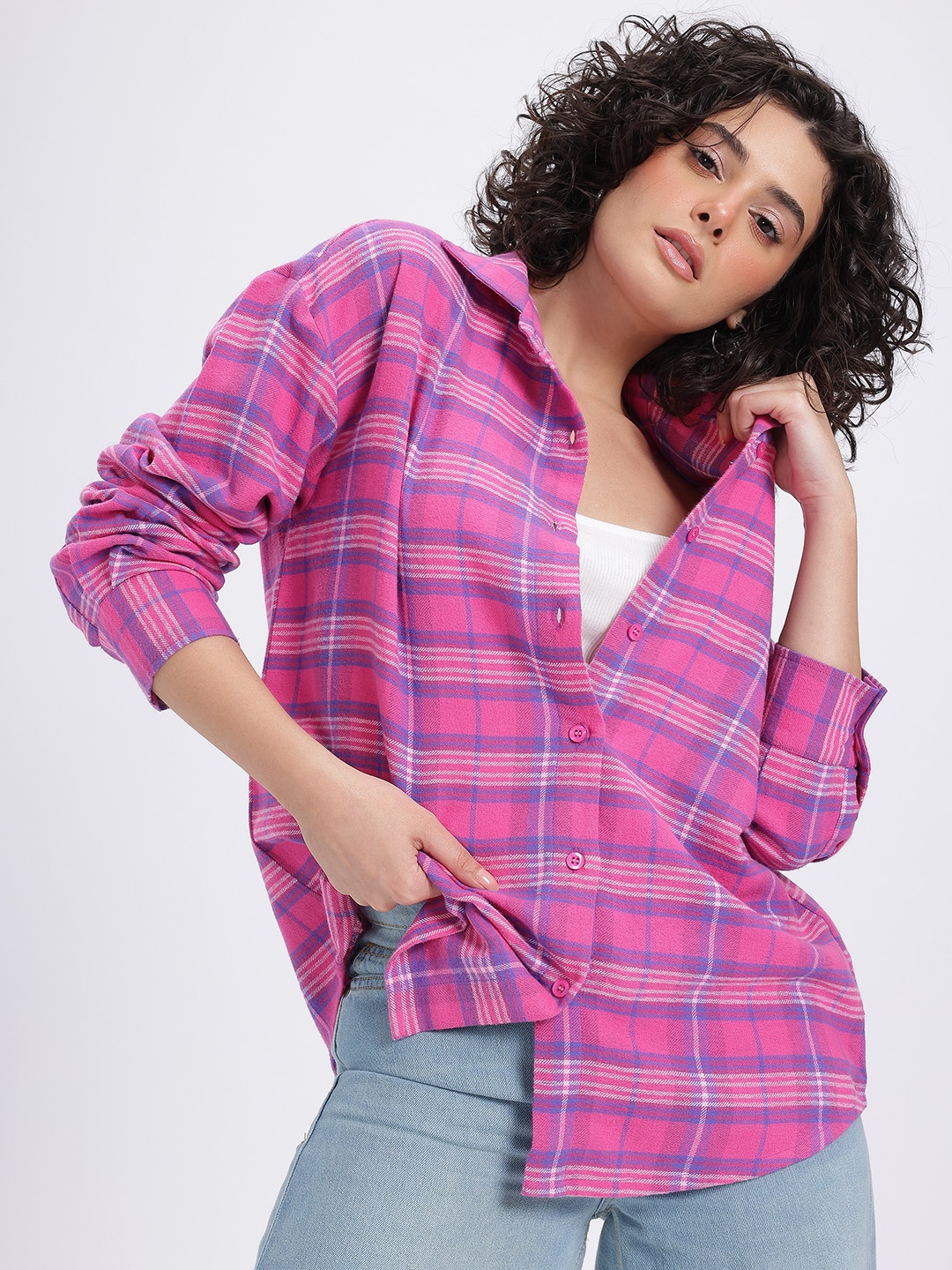 

glitchez Checked & Cheeky Oversized Shirt, Pink