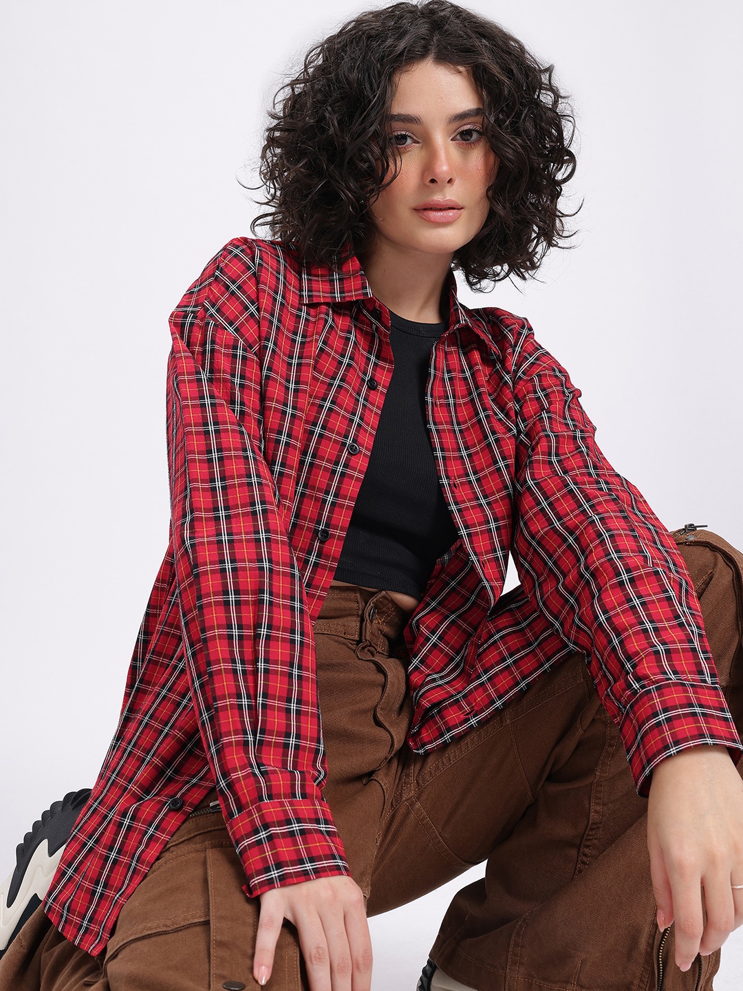 

glitchez Tartan Truce Checks Oversized Shirt, Red