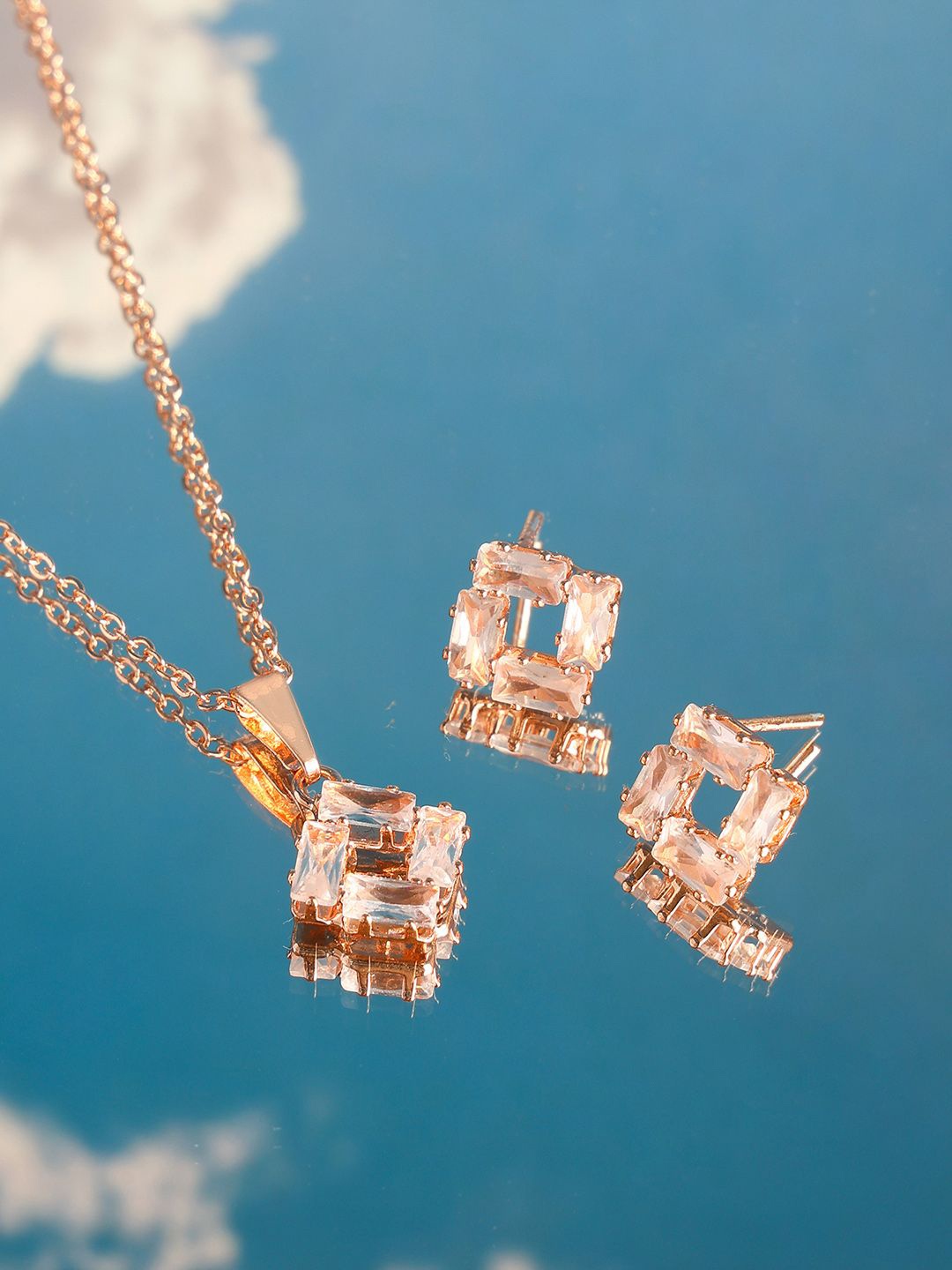 

PRITA White American Diamond Studded Rose Gold Plated Necklace with Earrings