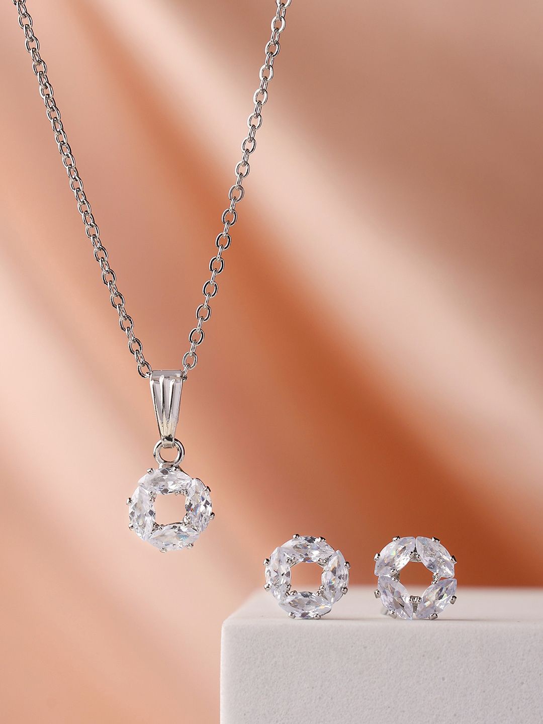 

PRITA White Crystal-Studded Silver-Plated Necklace with Earrings