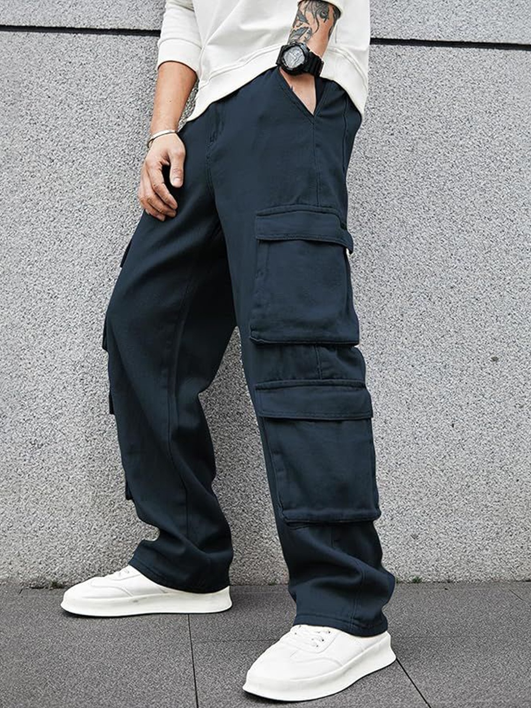 

URBAN INDY Men Cotton High-Rise Cargo Trousers, Blue