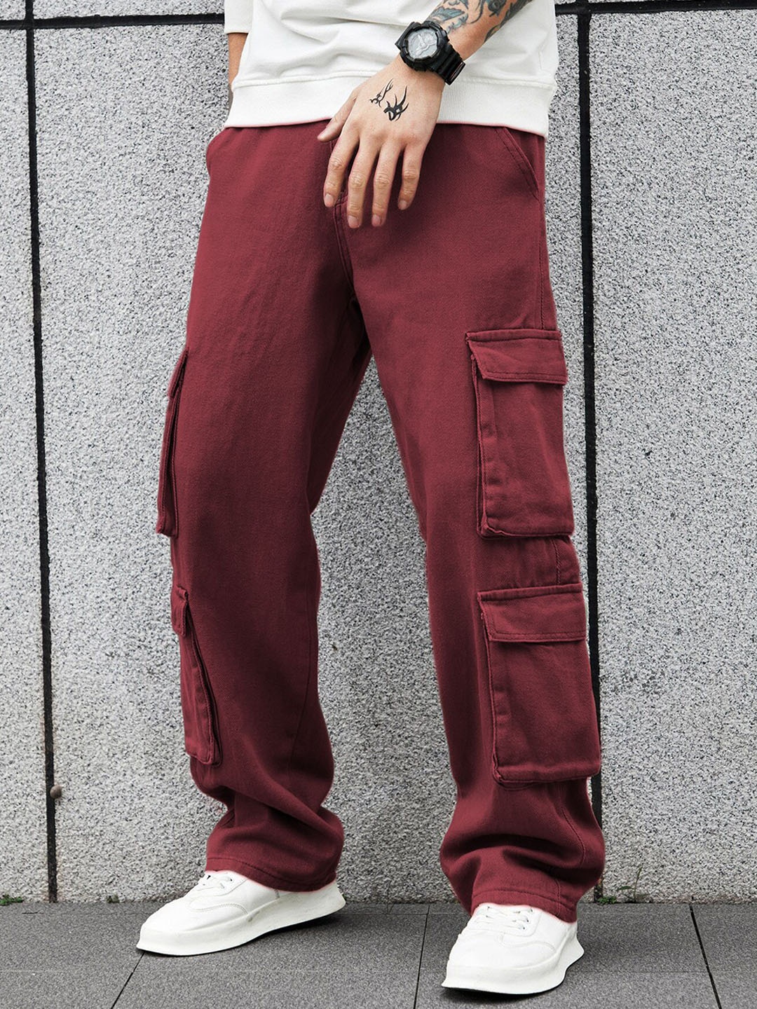 

URBAN INDY Men Regular Fit High-Rise Cotton Cargo Trouser, Maroon