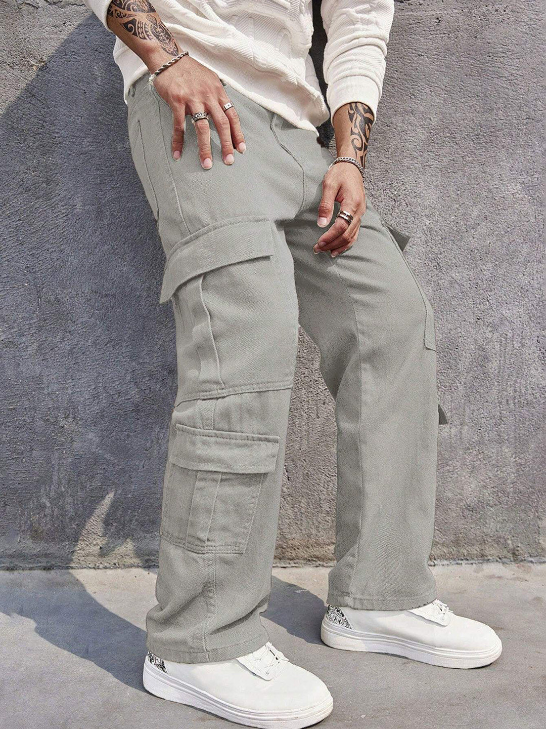 

URBAN INDY Men Cotton Cargo Trousers, Grey