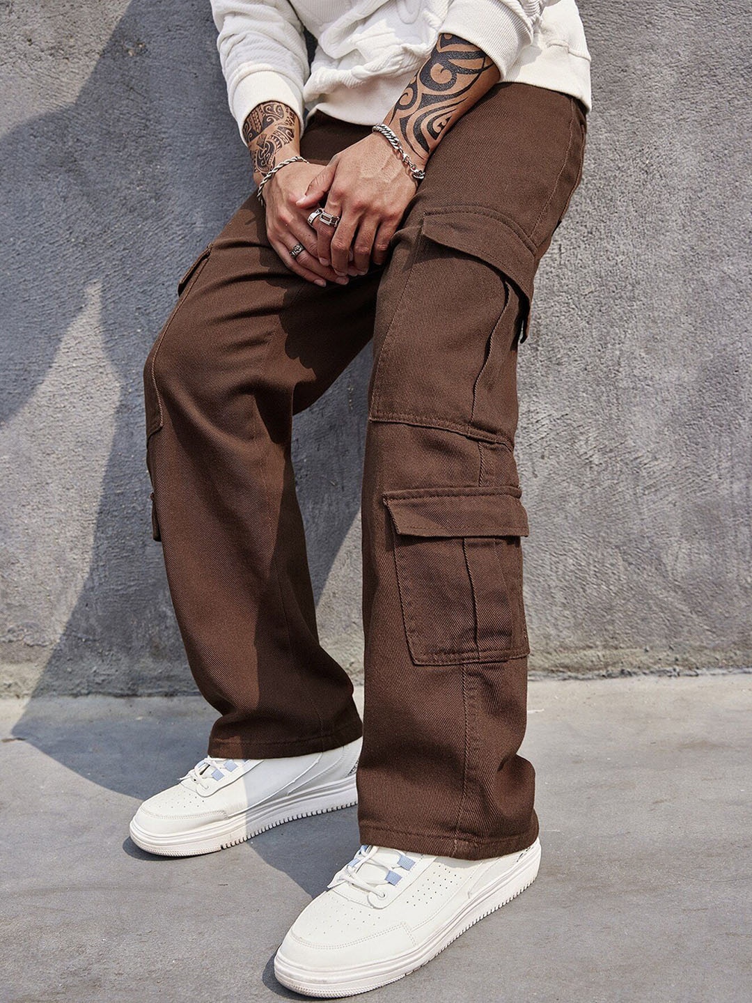 URBAN INDY Men Cotton Regular Fit Cargo Trousers, Brown