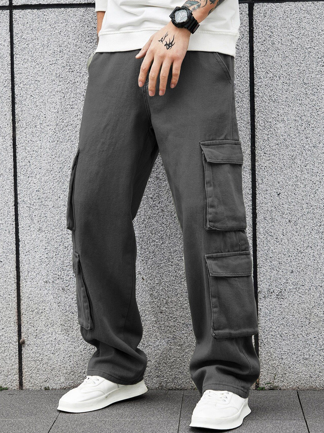 URBAN INDY Men High-Rise Regular Fit Cotton Cargo Trousers, Grey