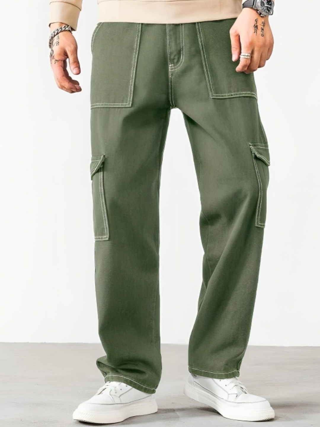 

URBAN INDY Men Cotton Cargo Trousers, Olive