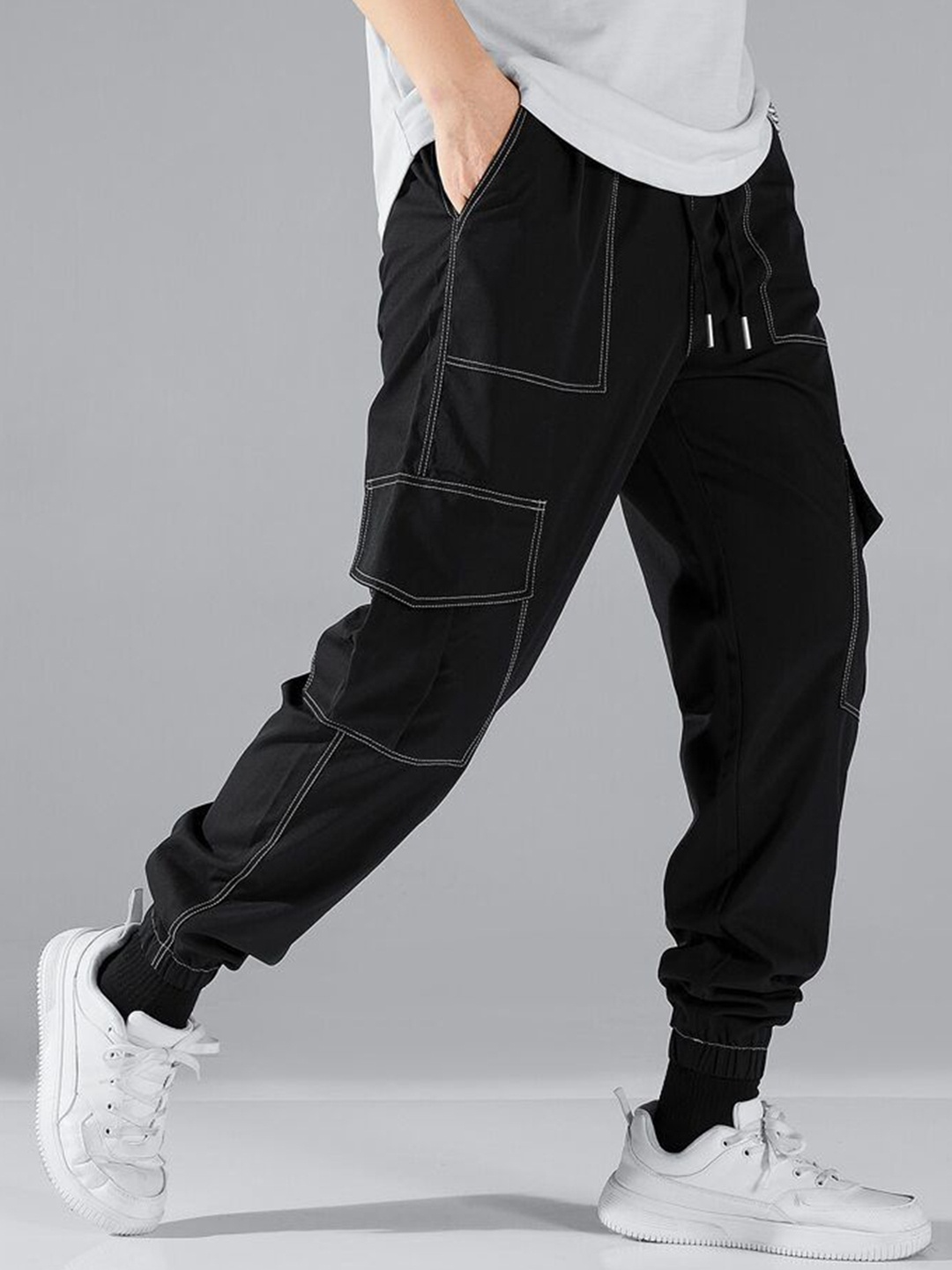 URBAN INDY Men Cotton Regular Fit Cargo Joggers, Black