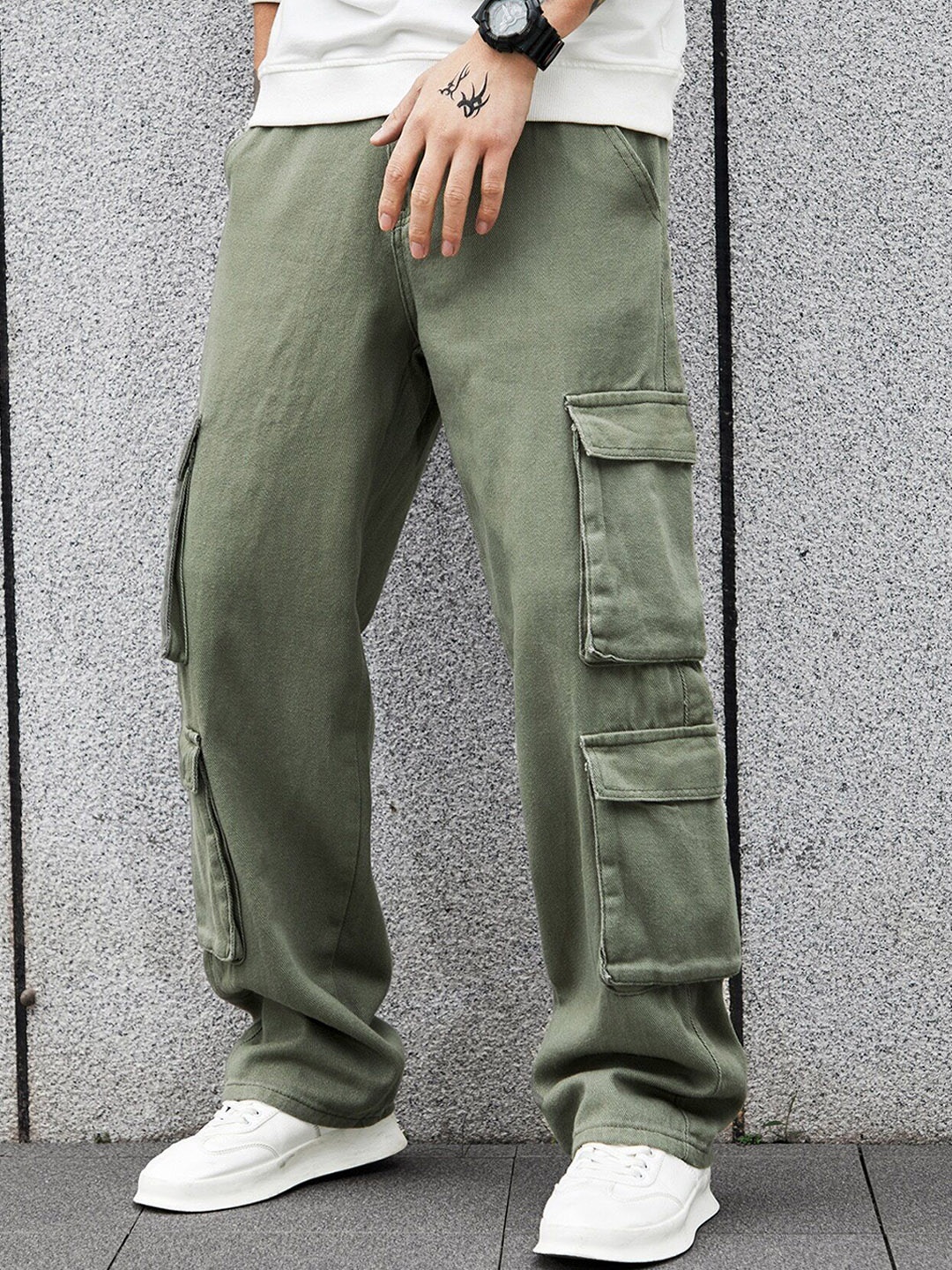 URNAN INDY Men Regular Fit Cotton Cargo Trousers, Olive